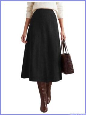 Faux Suede Midi Long Skirt High Waisted A-Line Fall Winter